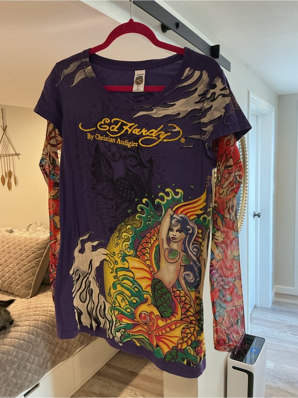 Christian Audigier Purple Mermaid Graphic Layered Sleeve Tee